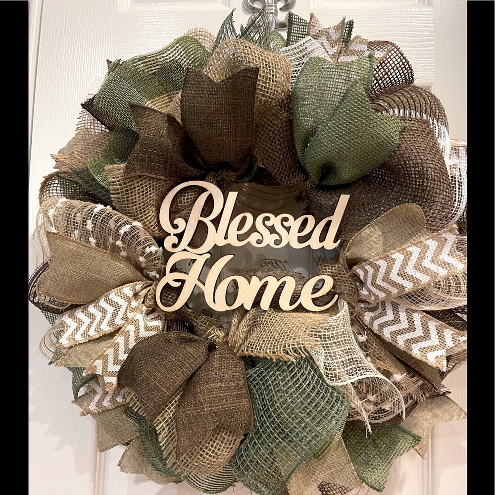 BLESSED HOME WREATH 18” VERY FULL wreath in moss green, naturals, browns & tan
